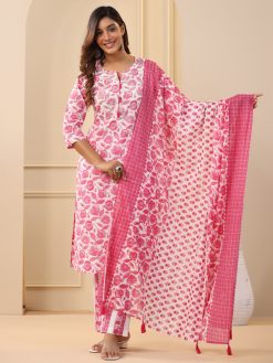Fuchsia Ethnic Floral Printed Embroidered Kurta With Pants And Dupatta