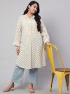 Plus Size Yellow Ethnic Printed Cotton Lurex Kurta