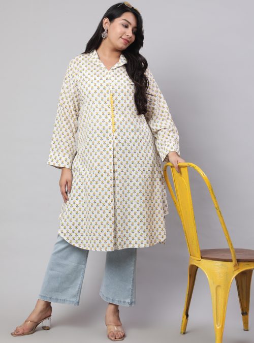 Plus Size Yellow Ethnic Printed Cotton Lurex Kurta