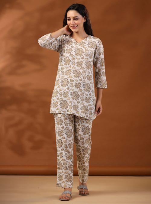 Beige Floral Printed Cotton Loungewear