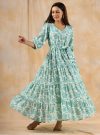 Sea Green Floral Printed Tier Cotton Dress