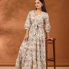 Beige Floral Printed Tier Cotton Dress