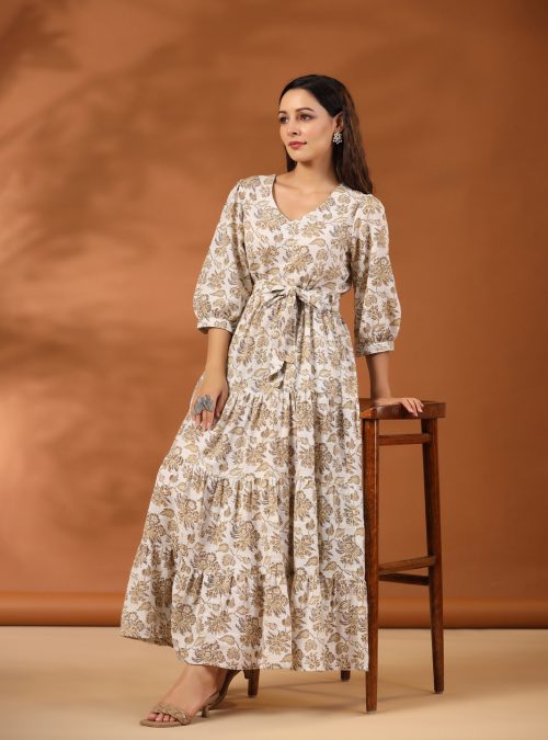 Beige Floral Printed Tier Cotton Dress