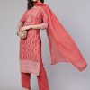 Dusty Peach Placement Printed Straight Kurta With Palazzo And Dupatta