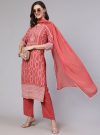 Dusty Peach Placement Printed Straight Kurta With Palazzo And Dupatta