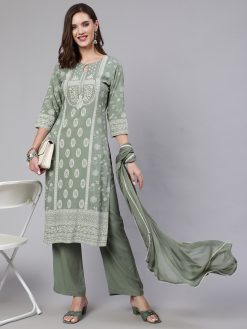 Olive Green Printed Straight Kurta With Palazzo And Dupatta