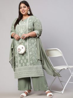 Plus Size Olive Green Printed Straight Kurta With Palazzo And Dupatta