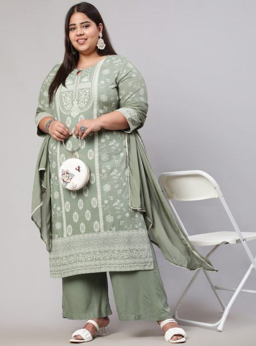 Plus Size Olive Green Printed Straight Kurta With Palazzo And Dupatta