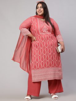 Plus Size Dusty Peach Printed Straight Kurta With Palazzo And Dupatta