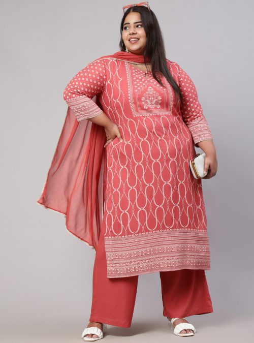 Plus Size Dusty Peach Printed Straight Kurta With Palazzo And Dupatta