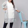 Plus Size White and Blue Ethnic Printed Straight Kurta