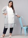 Plus Size White and Blue Ethnic Printed Straight Kurta