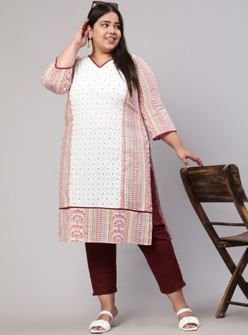 Plus Size White and Maroon Ethnic Printed Straight Kurta