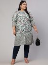 Plus Size Floral Printed Green Straight Kurta