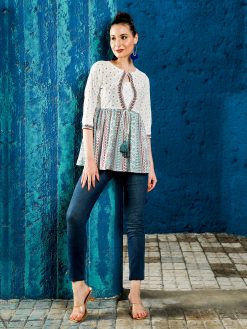 Ethnic Printed White And Blue Peplum Top