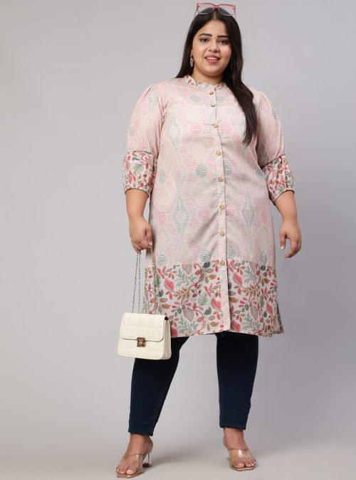 Plus Size Floral Printed Peach Straight Kurta