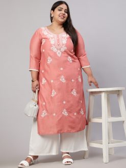 Plus Size Peach Chikankari Straight Kurta