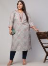 Plus Size Grey Ruffled Printed Straight Kurta