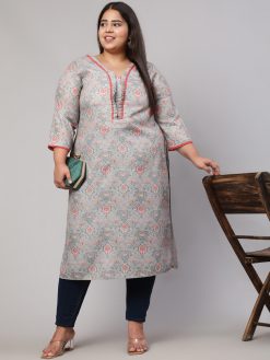 Plus Size Grey Ruffled Printed Straight Kurta