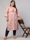 Plus Size Peach Ruffled Printed Straight Kurta