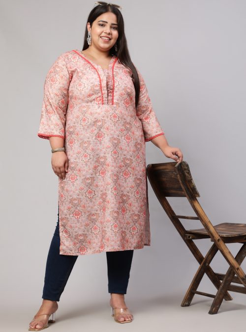 Plus Size Peach Ruffled Printed Straight Kurta