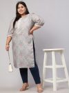 Plus Size Grey Mirror Work Straight Printed Kurta