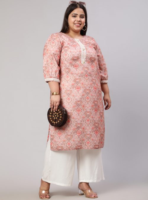 Plus Size Peach Mirror Work Printed Straight Kurta