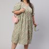 Plus Size Green Ethnic Floral Printed Flared Dress