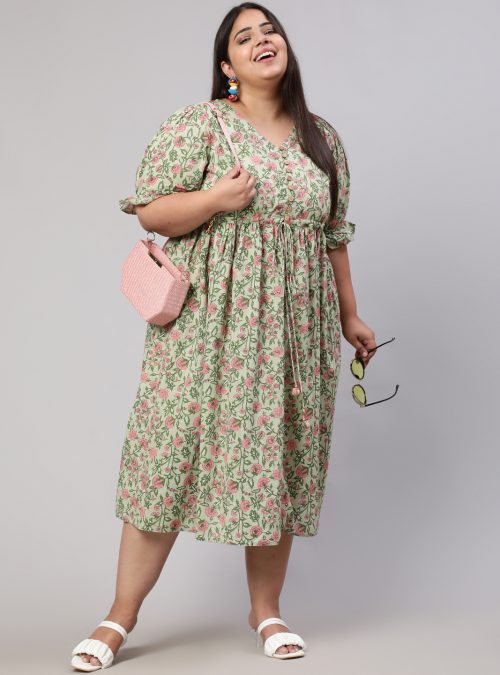 Plus Size Green Ethnic Floral Printed Flared Dress