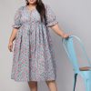 Plus Size Blue Ethnic Floral Printed Flared Dress