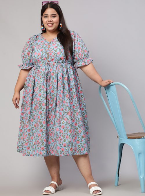 Plus Size Blue Ethnic Floral Printed Flared Dress