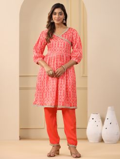 Orange Bandhej Print Wrap Kurta With Pants