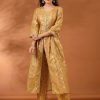 Floral Printed Mustard Gathered Kurta With Pants