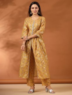 Floral Printed Mustard Gathered Kurta With Pants