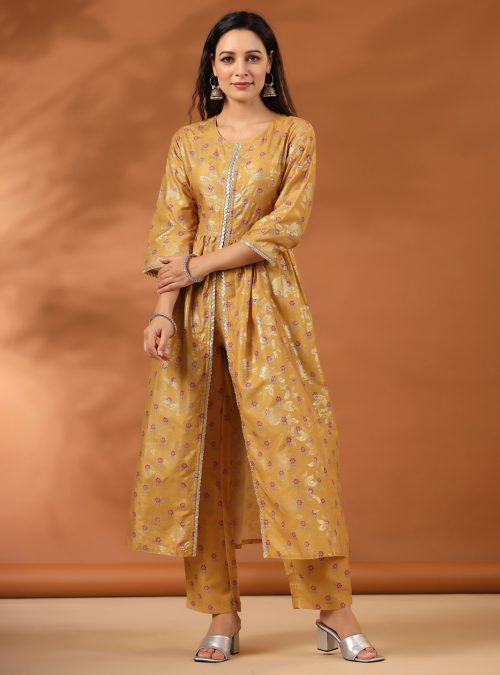 Floral Printed Mustard Gathered Kurta With Pants