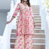 Zardozi Embroidered Peach Silk Floral Printed Flared Kurta With Palazzo