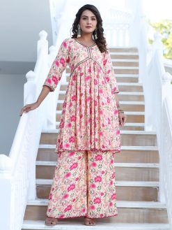 Zardozi Embroidered Peach Silk Floral Printed Flared Kurta With Palazzo