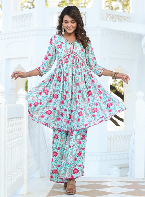 Zardozi Embroidered Silk Floral Printed Flared Kurta With Palazzo