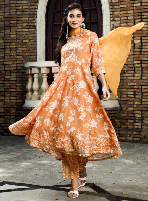 Mustard Floral Print Flared Kurta With Pants And Dupatta