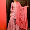 Pink Ethnic Printed Straight Kurta With Sharara And Chiffon Dupatta