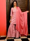 Pink Ethnic Printed Straight Kurta With Sharara And Chiffon Dupatta