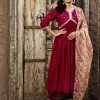 Wine Art Silk Flared Kurta With Floral Printed Organza Dupatta