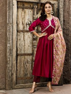 Wine Art Silk Flared Kurta With Floral Printed Organza Dupatta