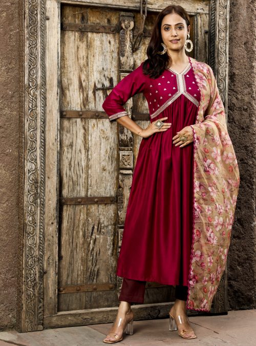 Wine Art Silk Flared Kurta With Floral Printed Organza Dupatta