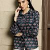 Navy Blue Lotus Print Full Sleeved Shirt