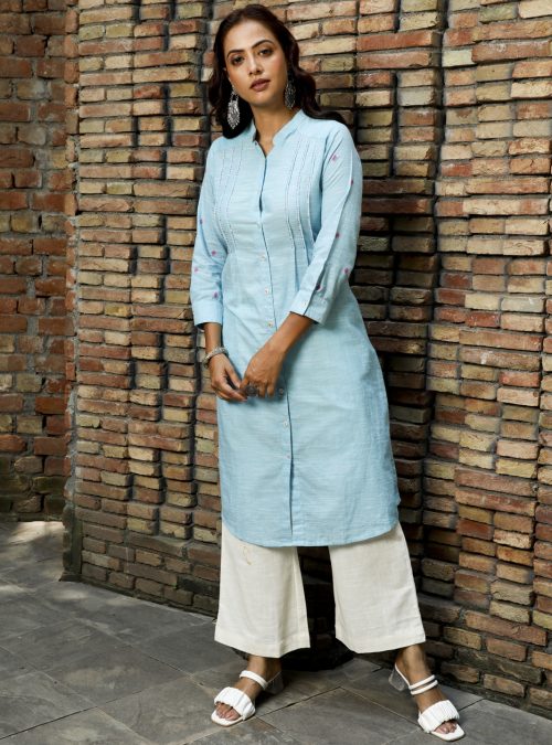 Blue Self-Weave A-line Kurta