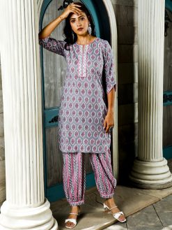 Grey Ethnic Motif Printed Straight Kurta With Zig Zag Printed Afghani Salwar