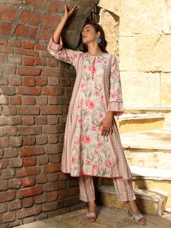 Red Floral Print Flared Kurta With Pants