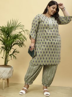 Plus Size Green Ethnic Printed Kurta With Printed Afghani Salwar