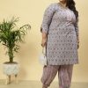Plus Size Grey Ethnic Printed Kurta With Printed Afghani Salwar